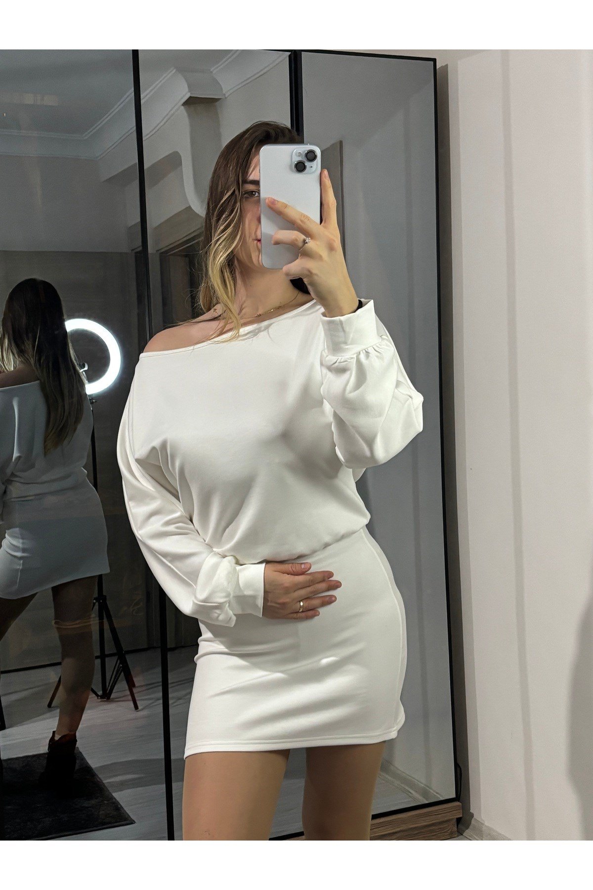 Modal Kumaş Kayık Yaka Mini Elbise