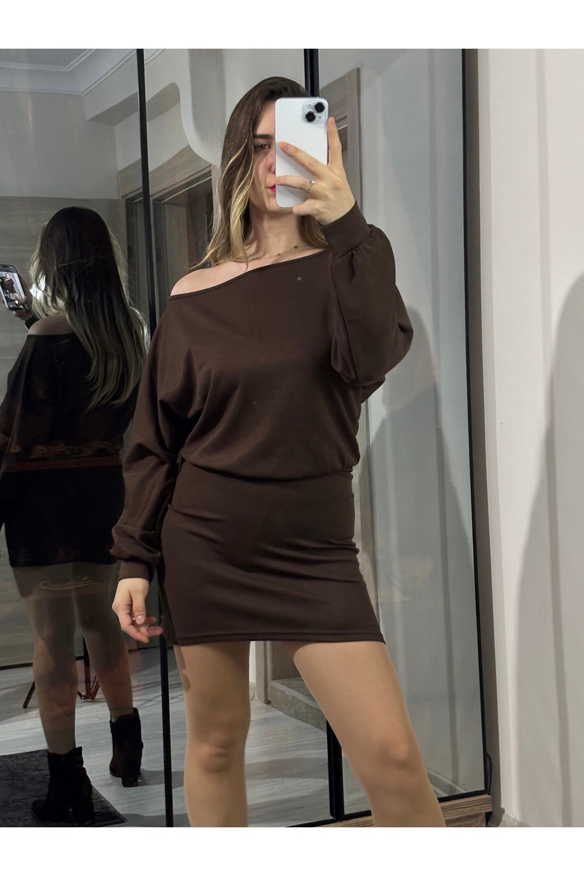 Modal Kumaş Kayık Yaka Mini Elbise