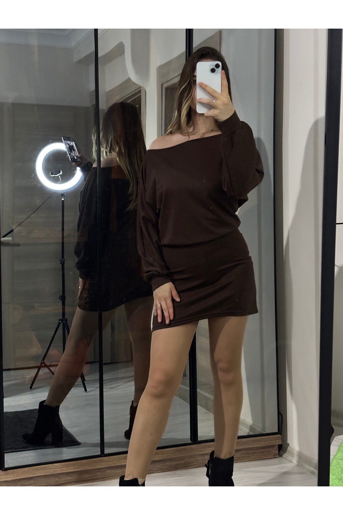 Modal Kumaş Kayık Yaka Mini Elbise