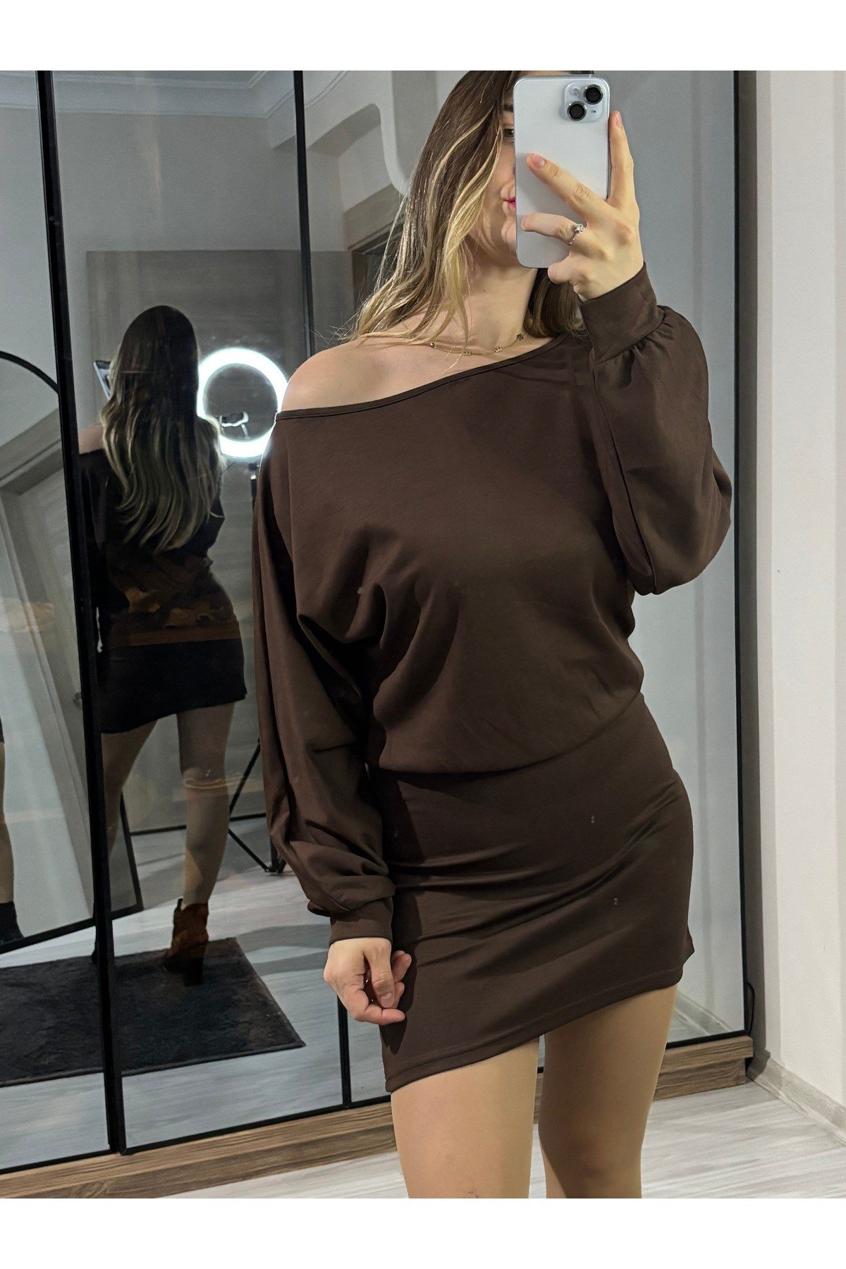 Modal Kumaş Kayık Yaka Mini Elbise
