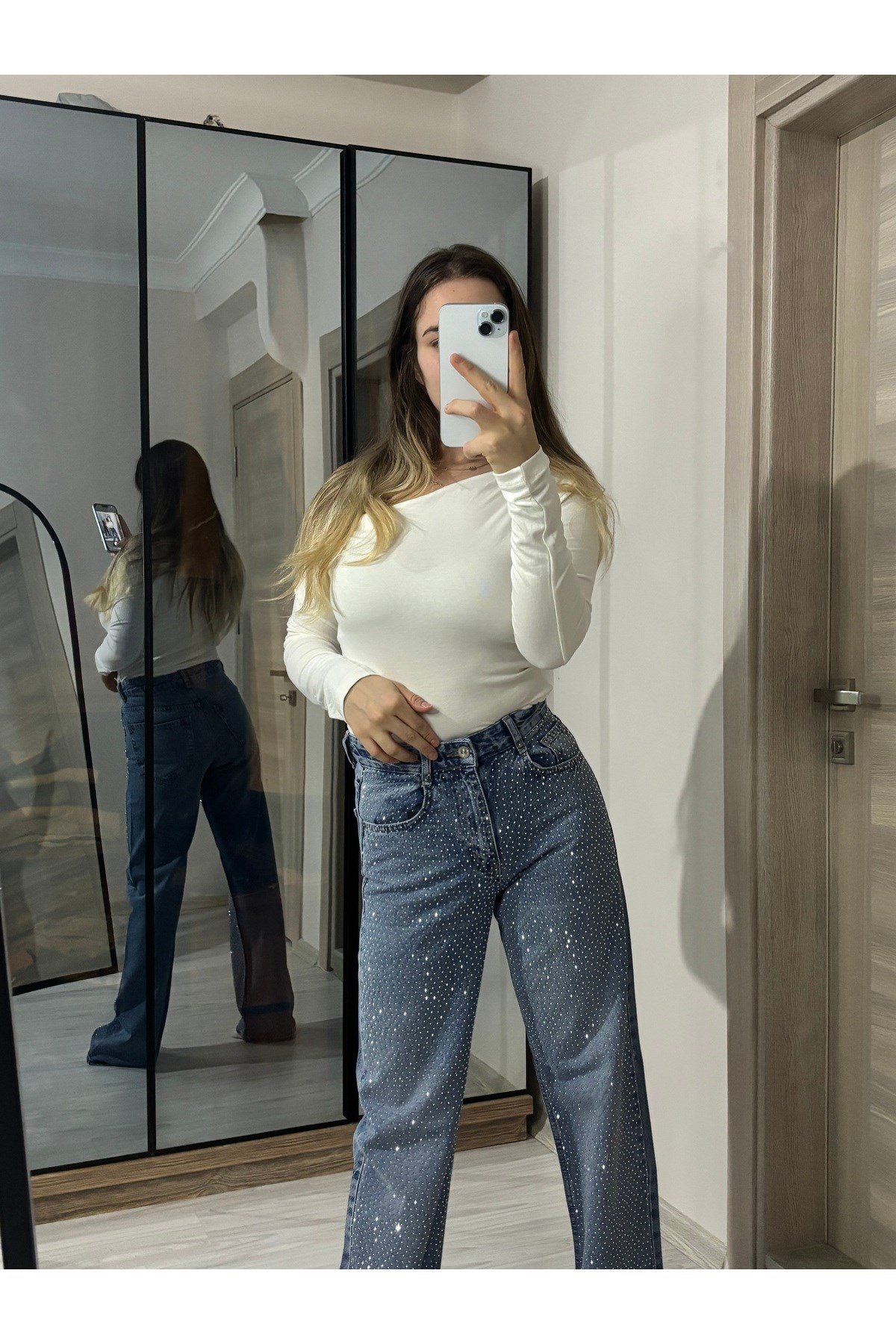 Ön Full Taşlı Wide Leg Koyu Kar Yıkama Pantolon