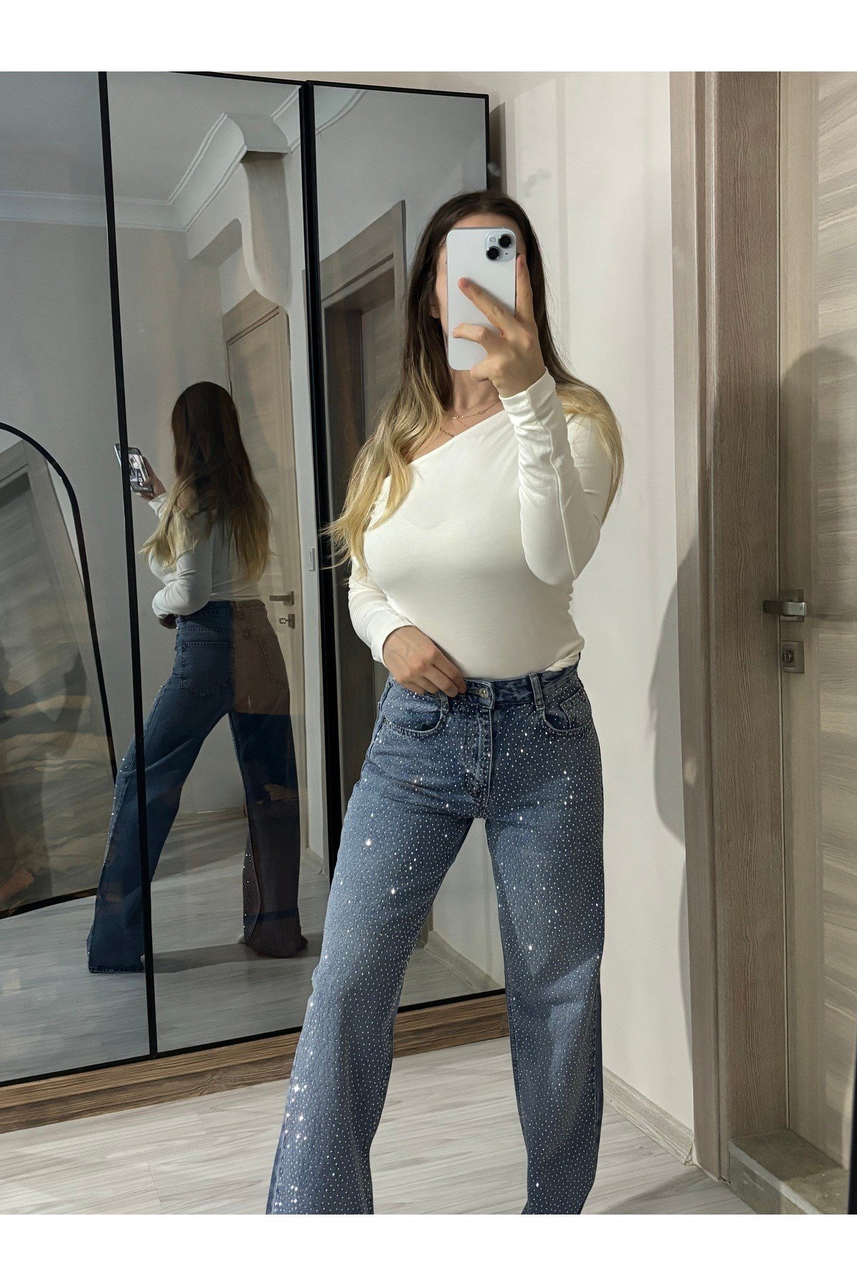 Ön Full Taşlı Wide Leg Koyu Kar Yıkama Pantolon