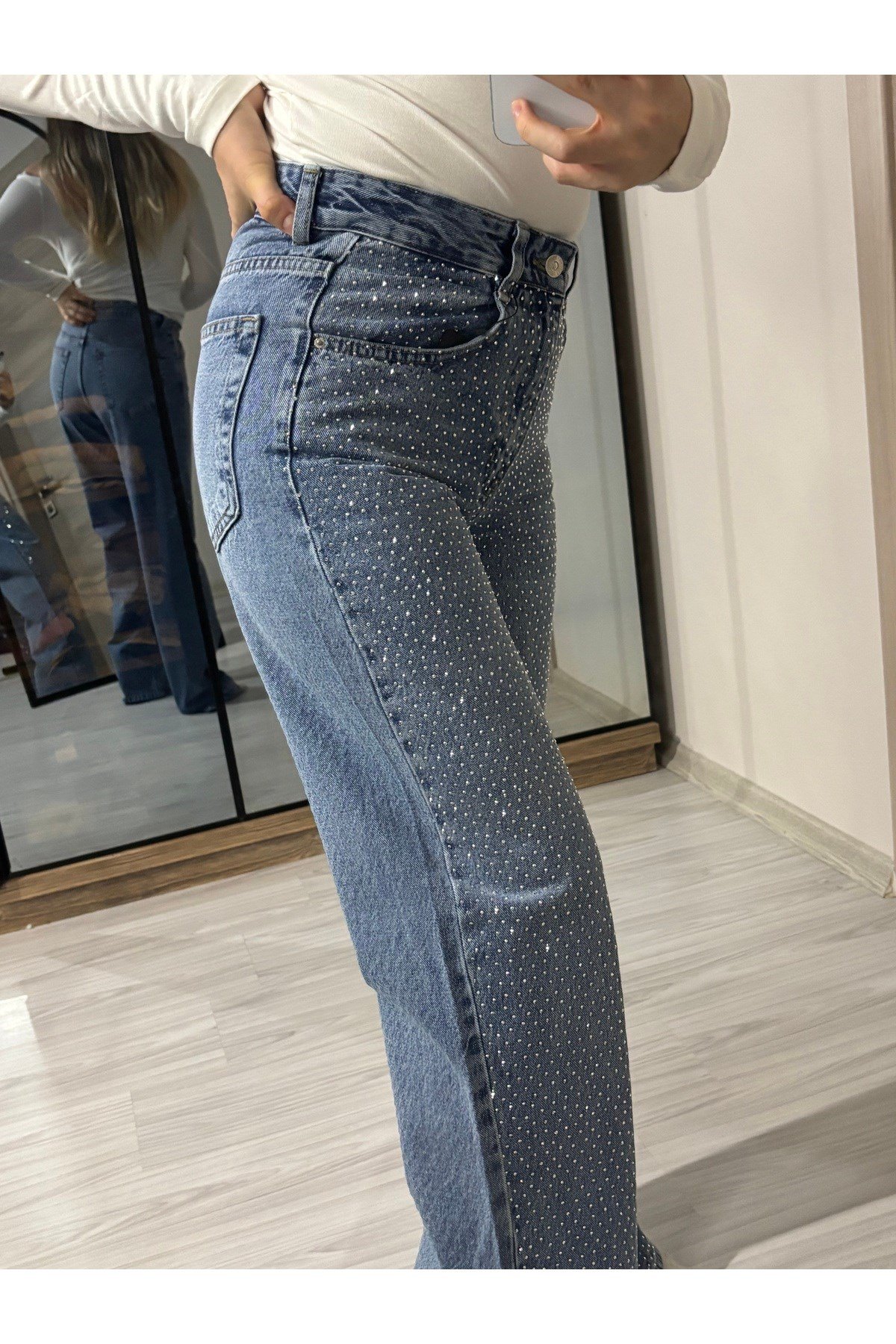 Ön Full Taşlı Wide Leg Koyu Kar Yıkama Pantolon