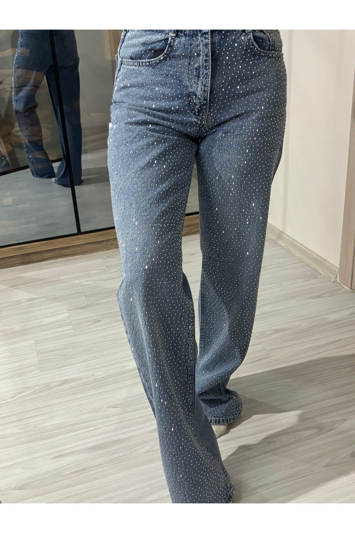 Ön Full Taşlı Wide Leg Koyu Kar Yıkama Pantolon
