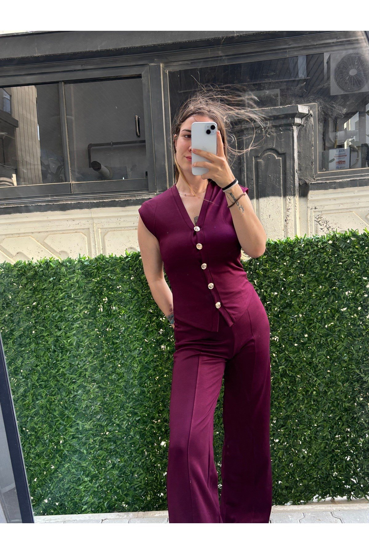 Ön Gold Düğmeli Modal Kumaş Yelekli ZR Model Takım