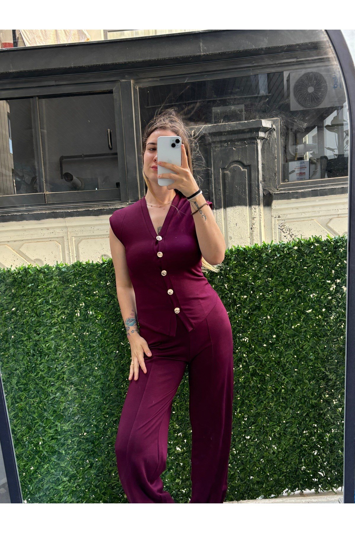 Ön Gold Düğmeli Modal Kumaş Yelekli ZR Model Takım