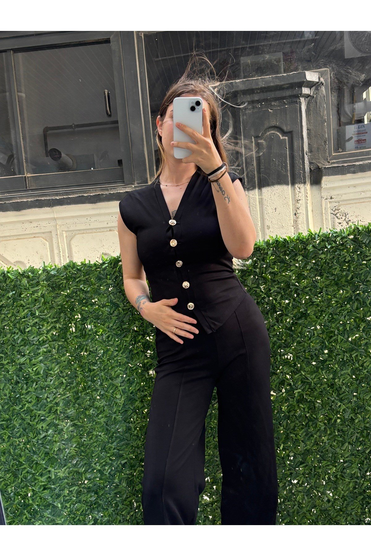Ön Gold Düğmeli Modal Kumaş Yelekli ZR Model Takım