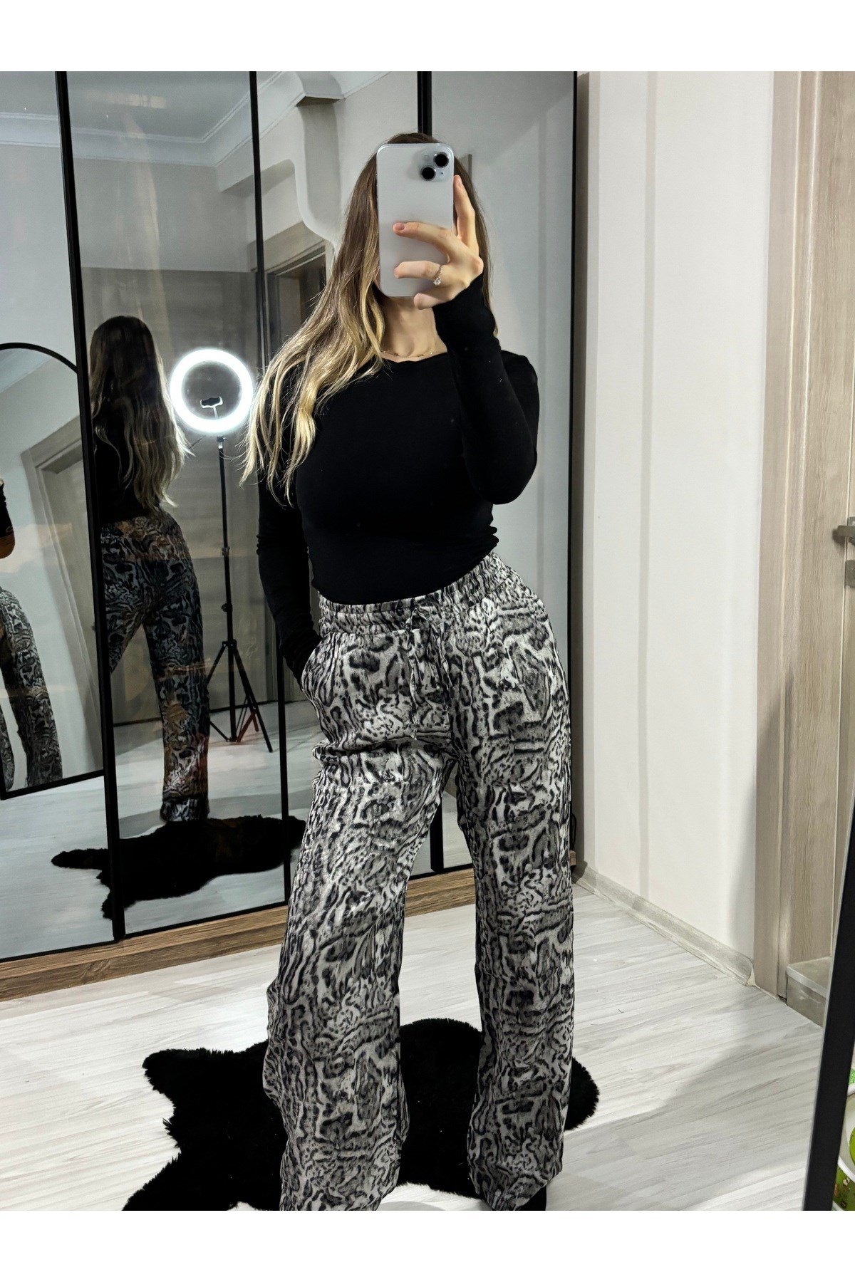 Saten Leopar Desen Bol Paça Pantolon