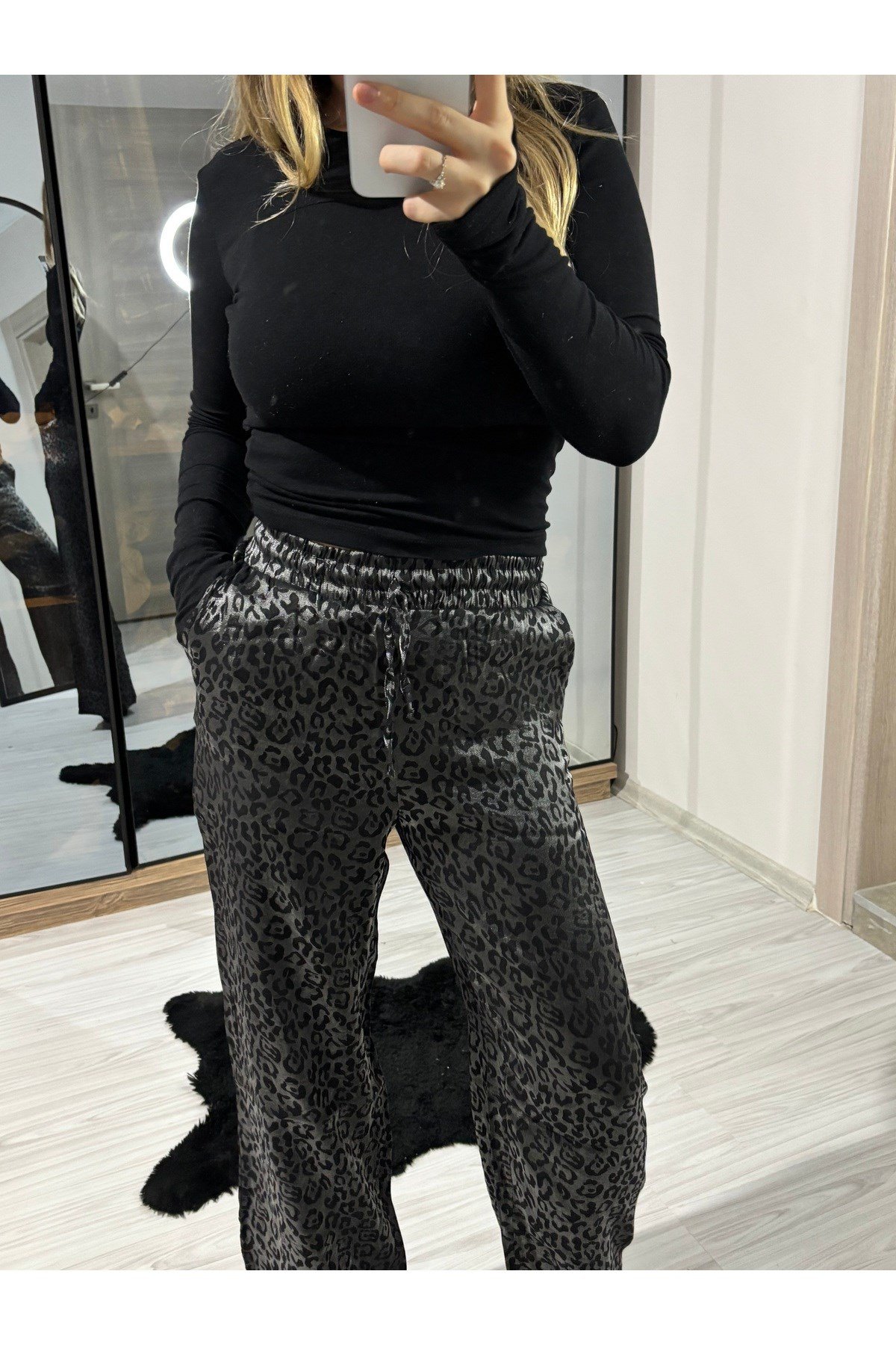 Saten Leopar Desen Bol Paça Pantolon