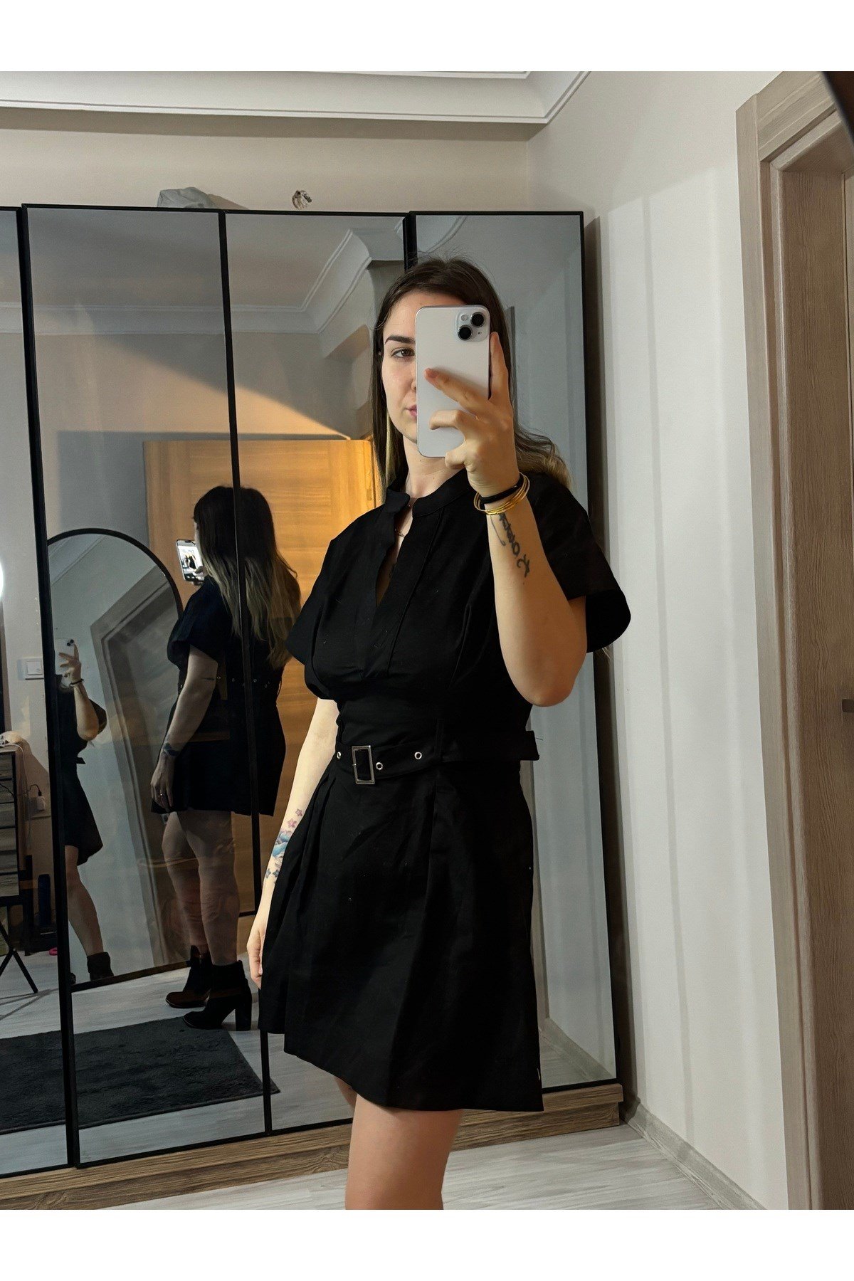 ZR Model Gabardin Kumaş Kemerli Mini Elbise