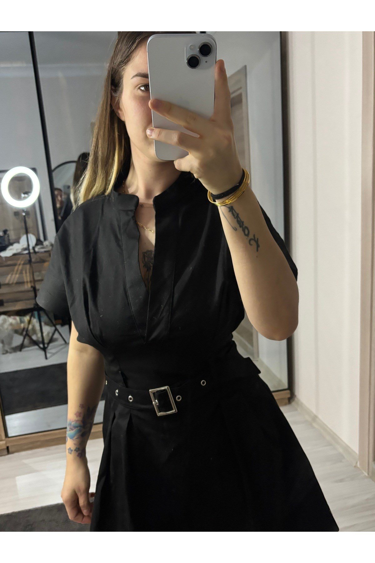 ZR Model Gabardin Kumaş Kemerli Mini Elbise