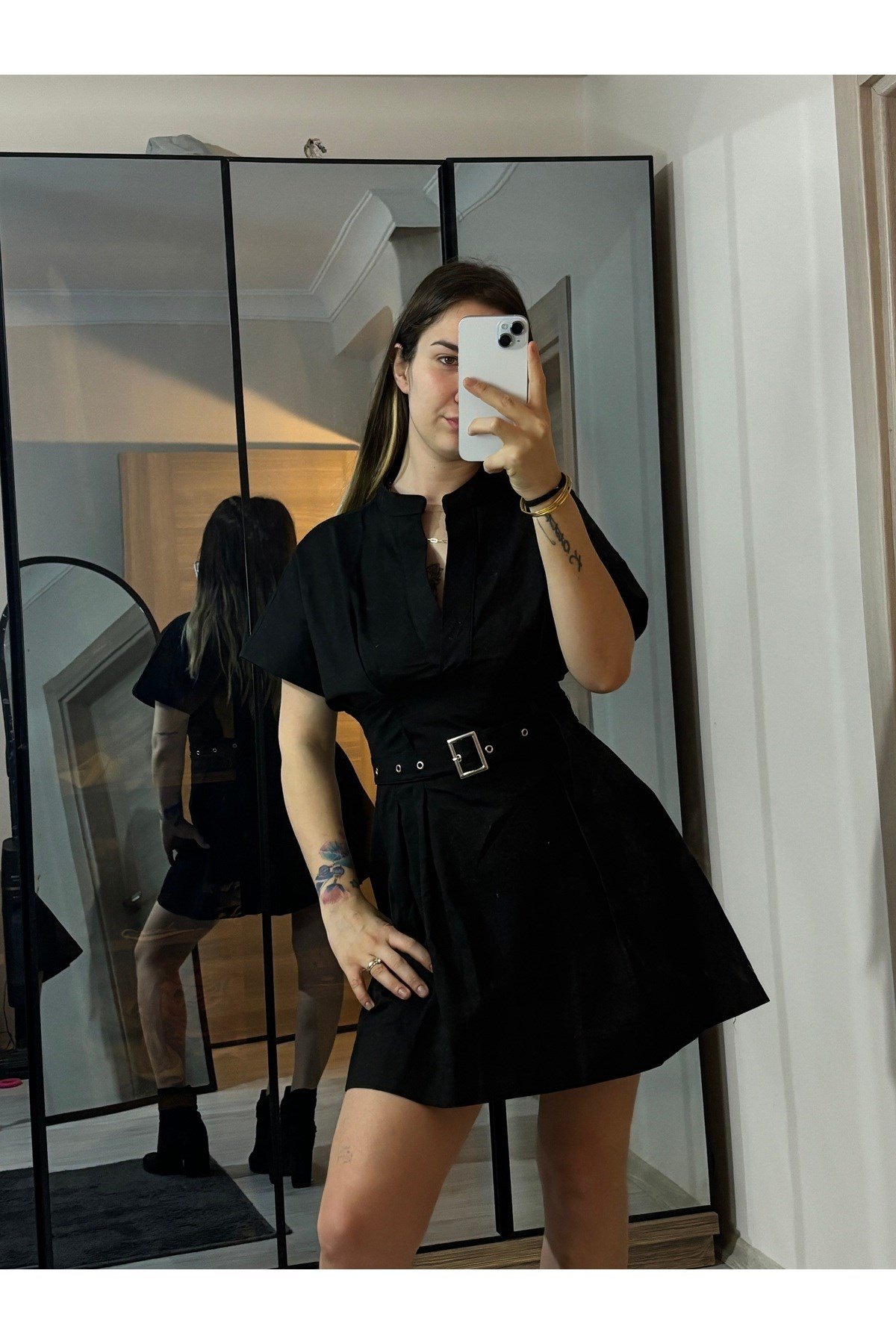 ZR Model Gabardin Kumaş Kemerli Mini Elbise