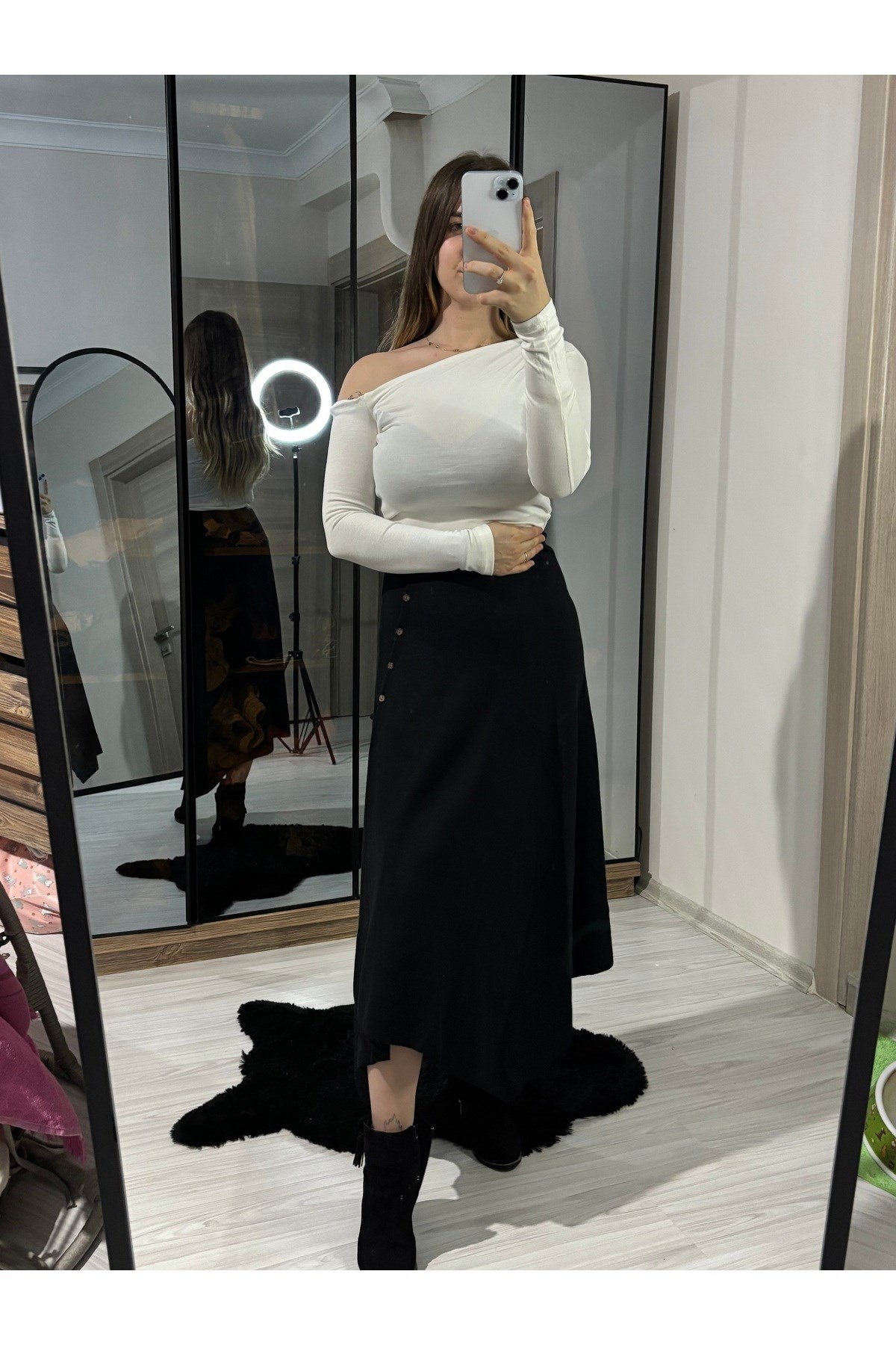 ZR Model Siyah Selanik Önü Düğmeli Midi Etek