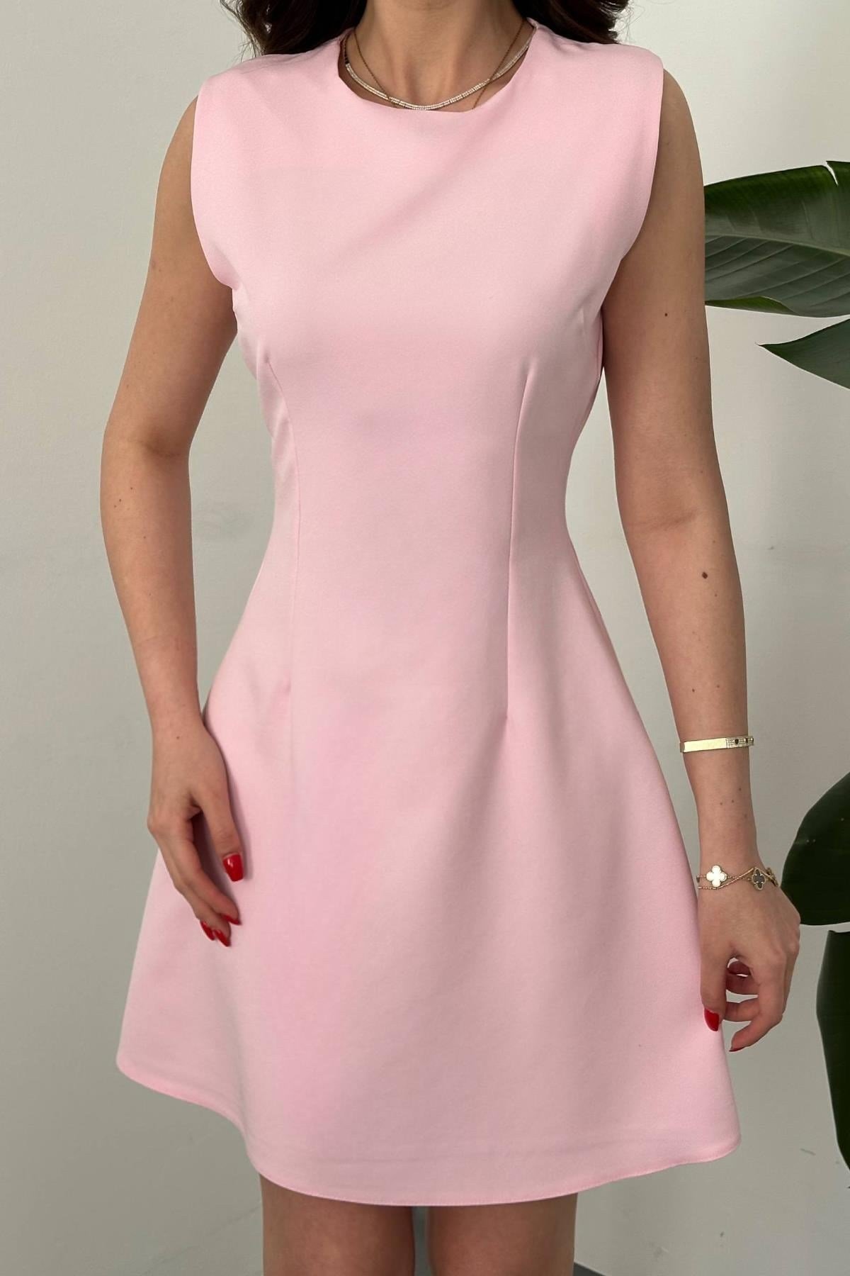 Açık Pembe Kolsuz Kısa Elbise