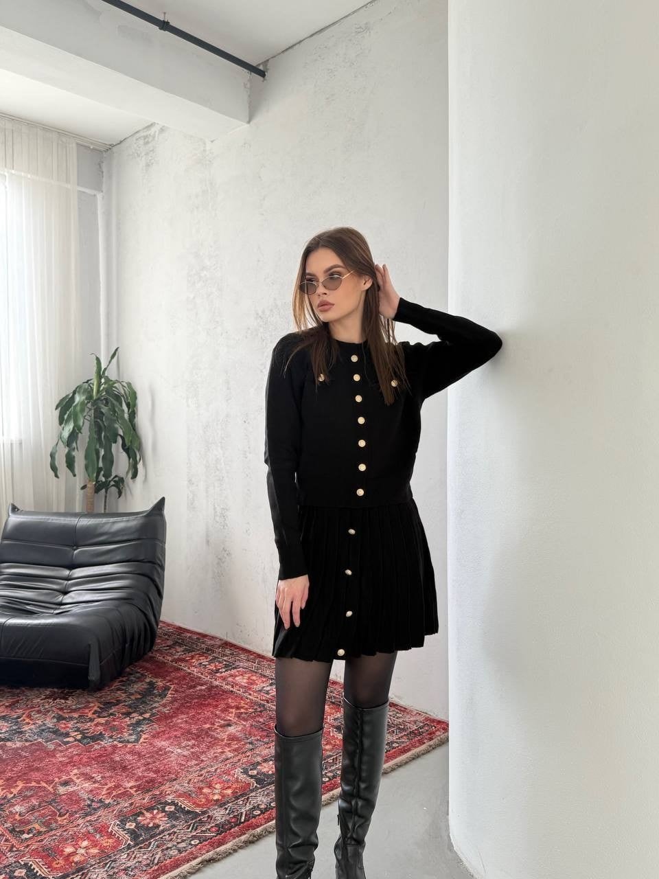Altın Düğme Detaylı Triko Etek & Üst Takım