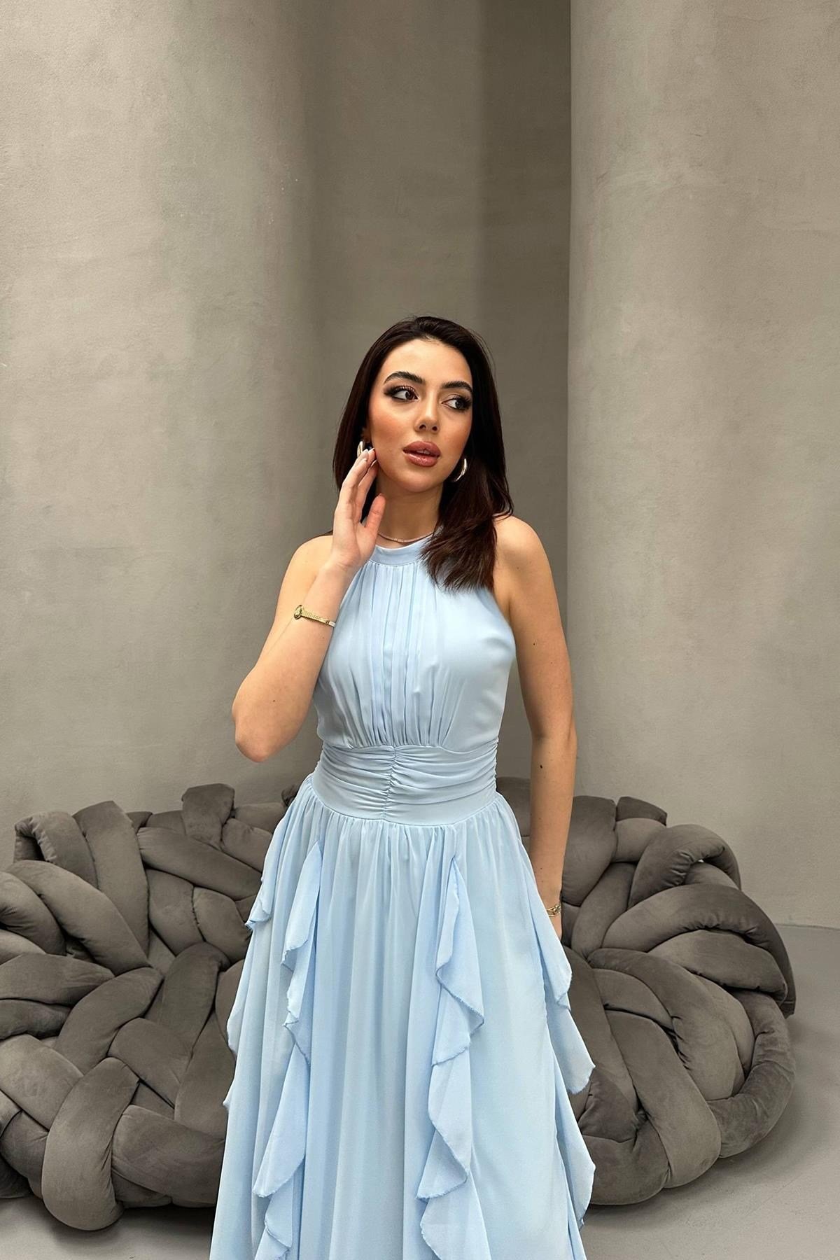 Bebe Mavi Önü Büzgülü Fırfırlı Elbise