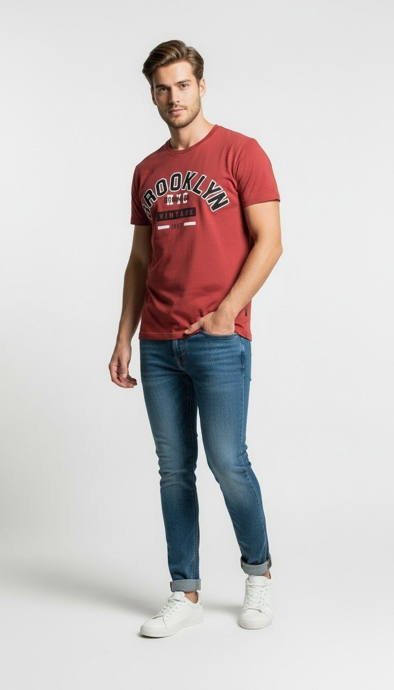 Brooklyn Vintage Baskılı Erkek Günlük T-Shirt Spor Kesim