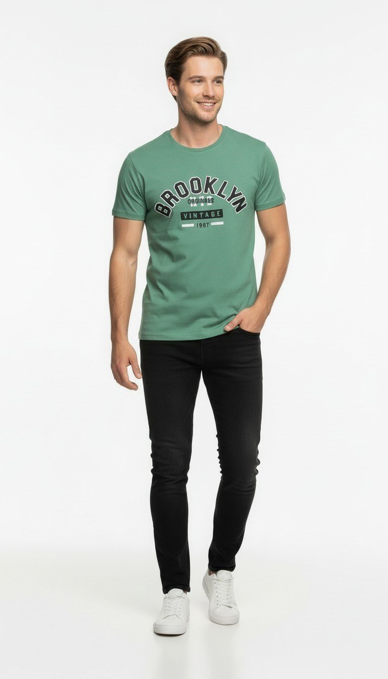 Brooklyn Vintage Baskılı Erkek Günlük T-Shirt Spor Kesim