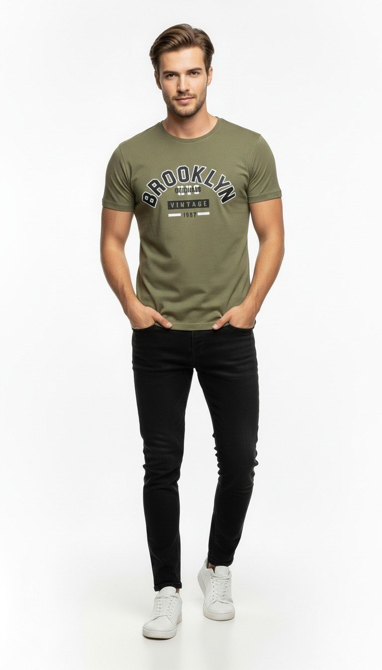 Brooklyn Vintage Baskılı Erkek Günlük T-Shirt Spor Kesim