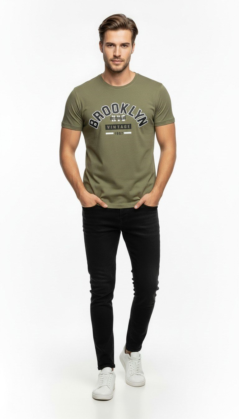 Brooklyn Vintage Baskılı Erkek Günlük T-Shirt Spor Kesim