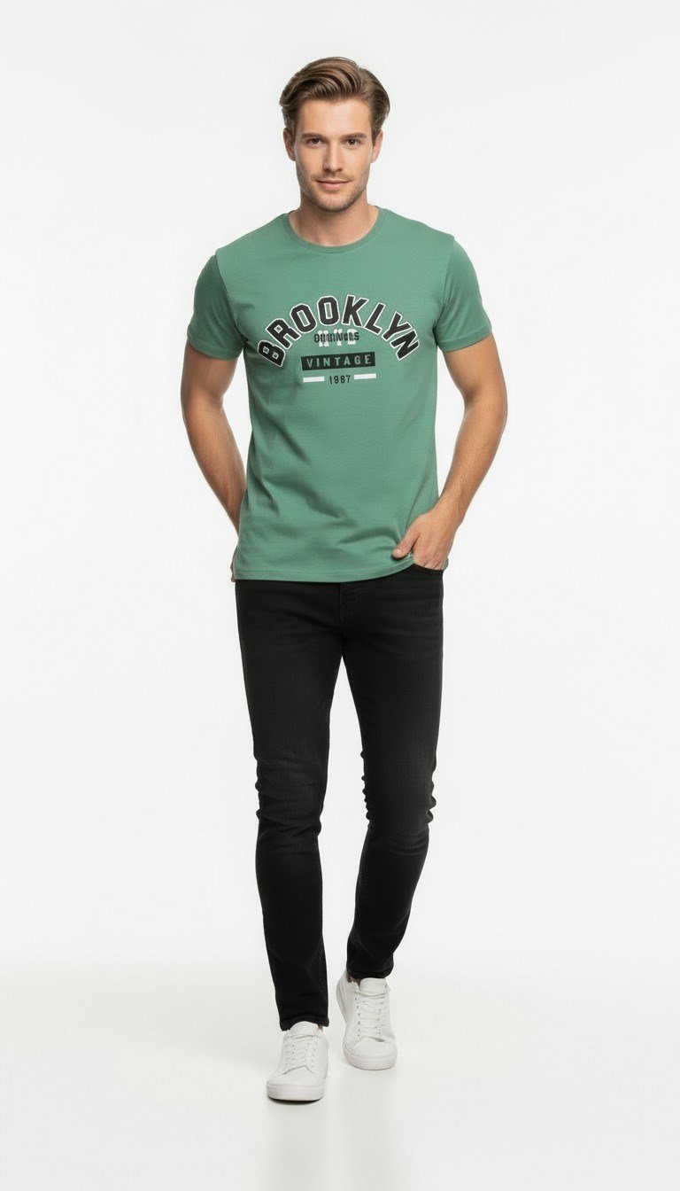 Brooklyn Vintage Baskılı Erkek Günlük T-Shirt Spor Kesim