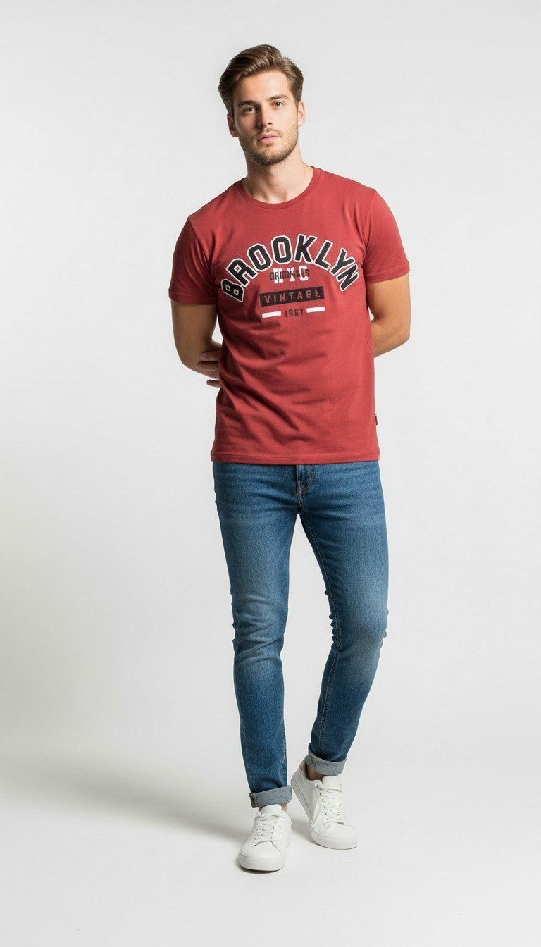 Brooklyn Vintage Baskılı Erkek Günlük T-Shirt Spor Kesim