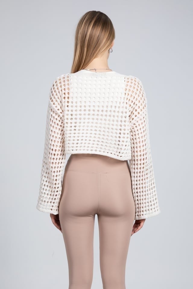 Ekru Ajurlu Crop Bluz