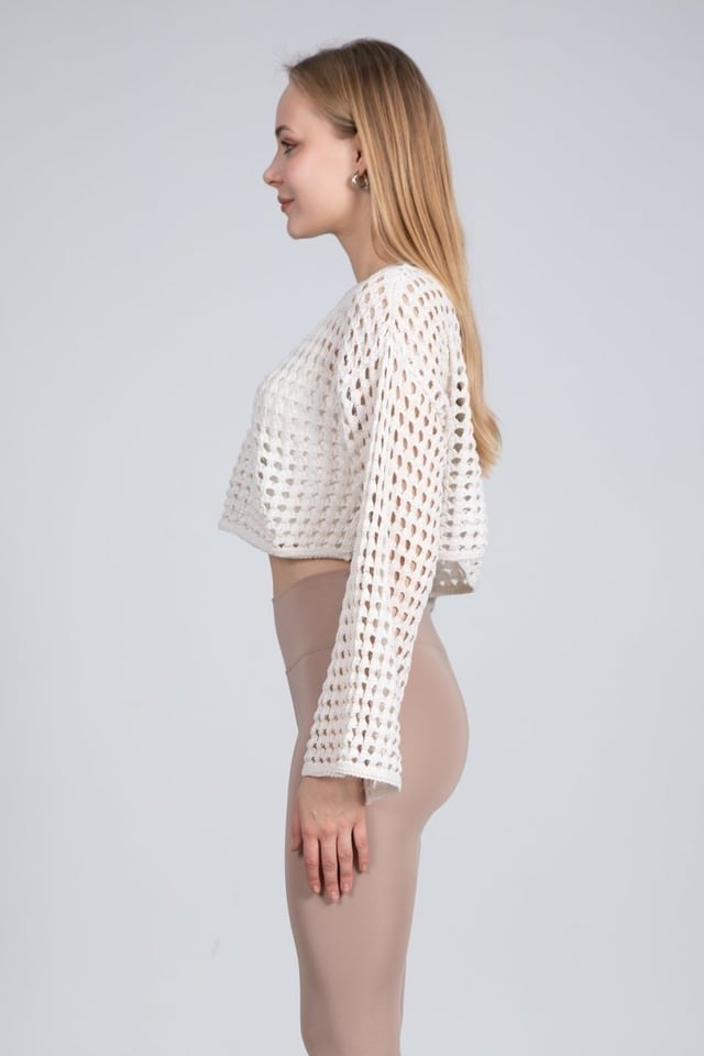 Ekru Ajurlu Crop Bluz