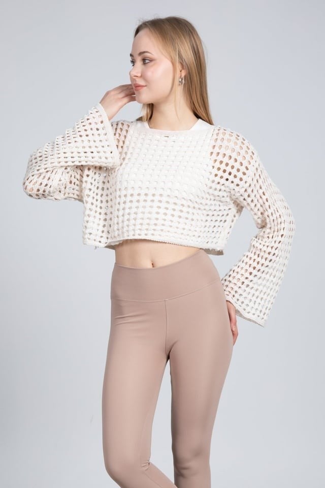 Ekru Ajurlu Crop Bluz