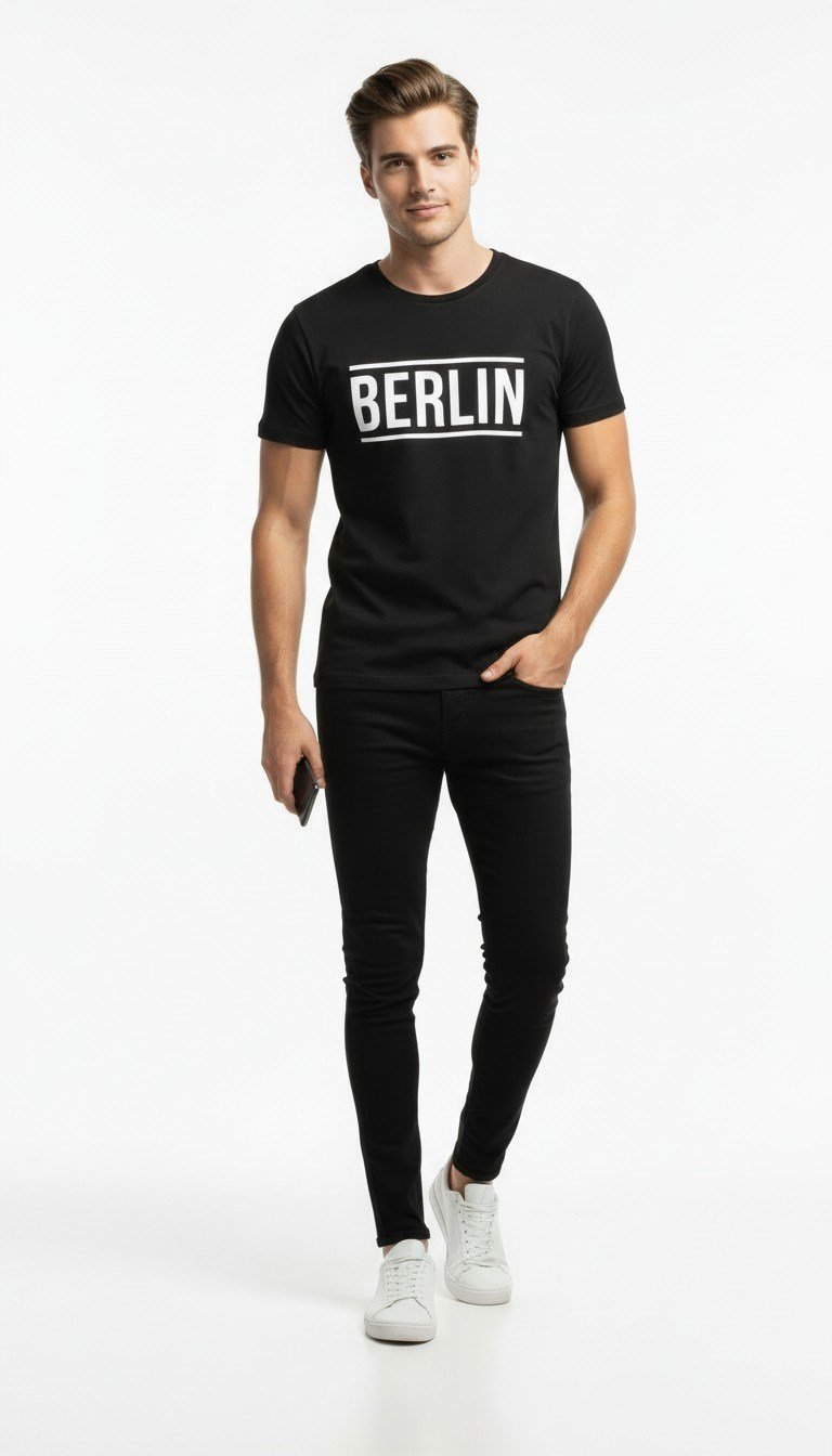 Erkek Berlin Tipografi Baskılı Minimal Günlük T-Shirt