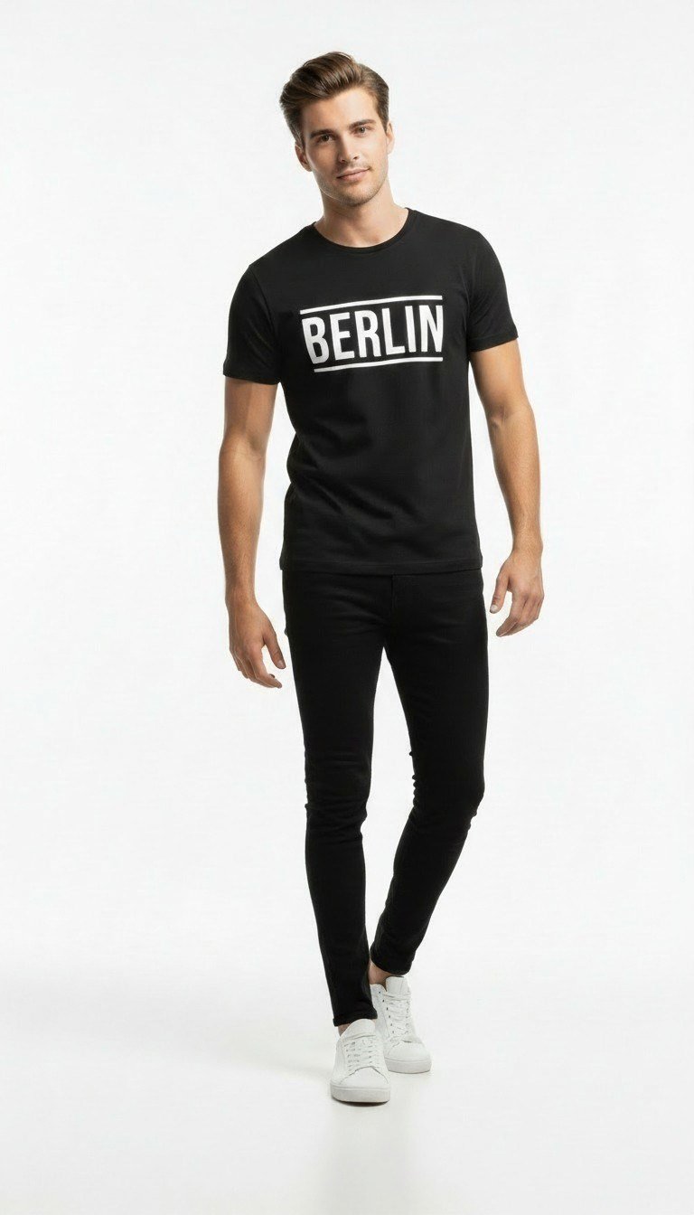 Erkek Berlin Tipografi Baskılı Minimal Günlük T-Shirt