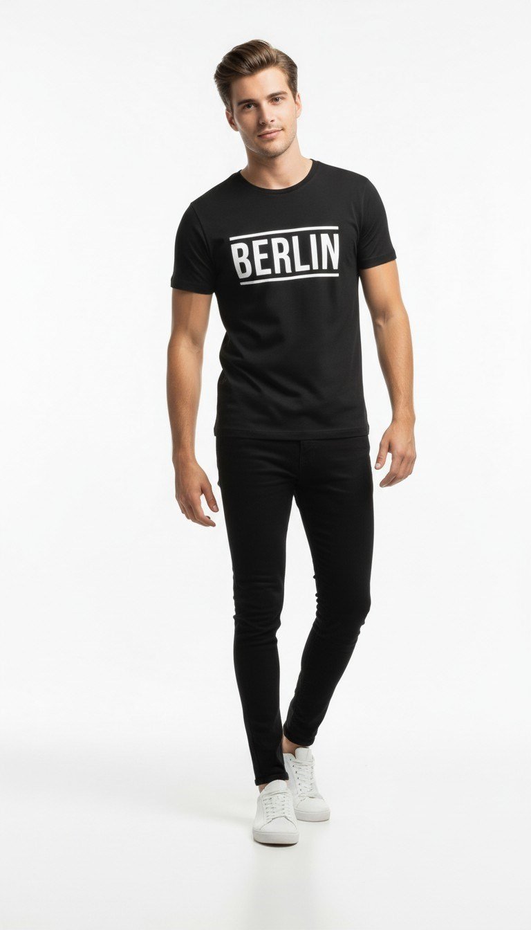 Erkek Berlin Tipografi Baskılı Minimal Günlük T-Shirt