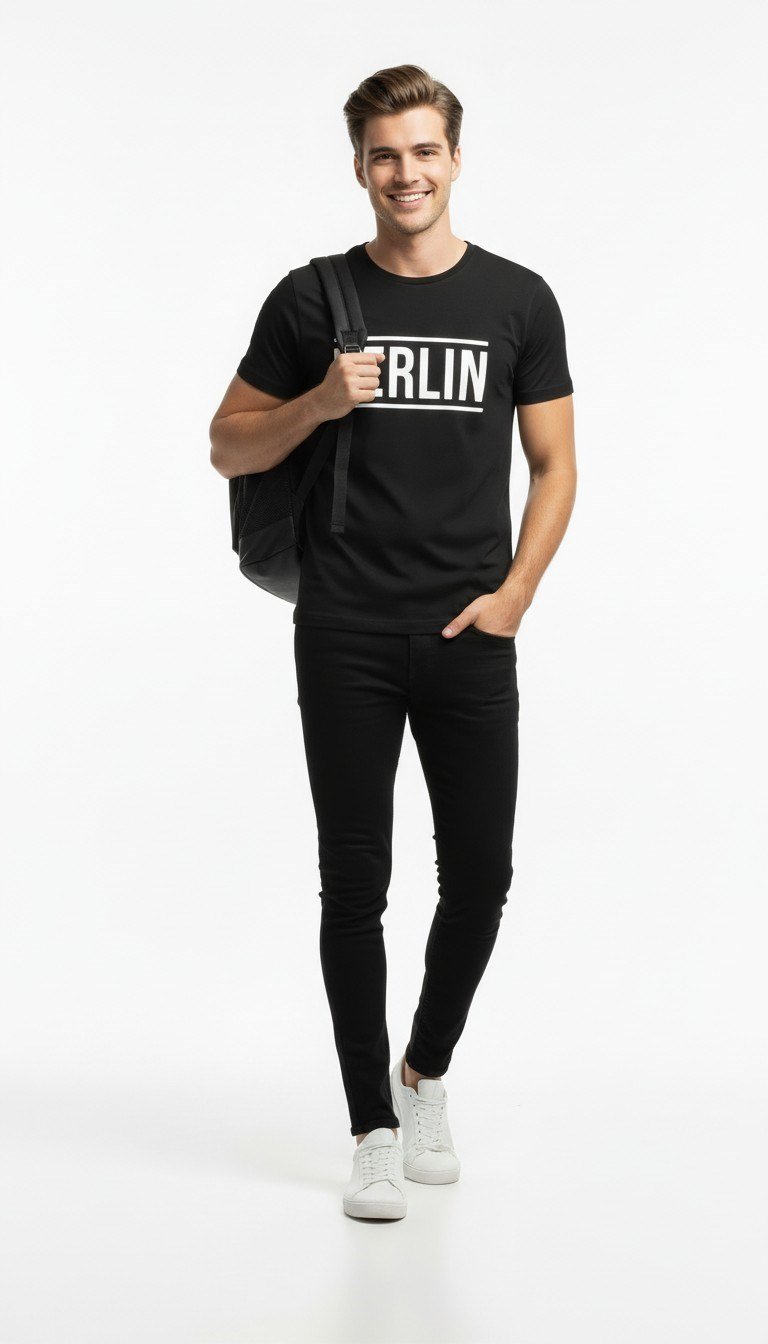 Erkek Berlin Tipografi Baskılı Minimal Günlük T-Shirt