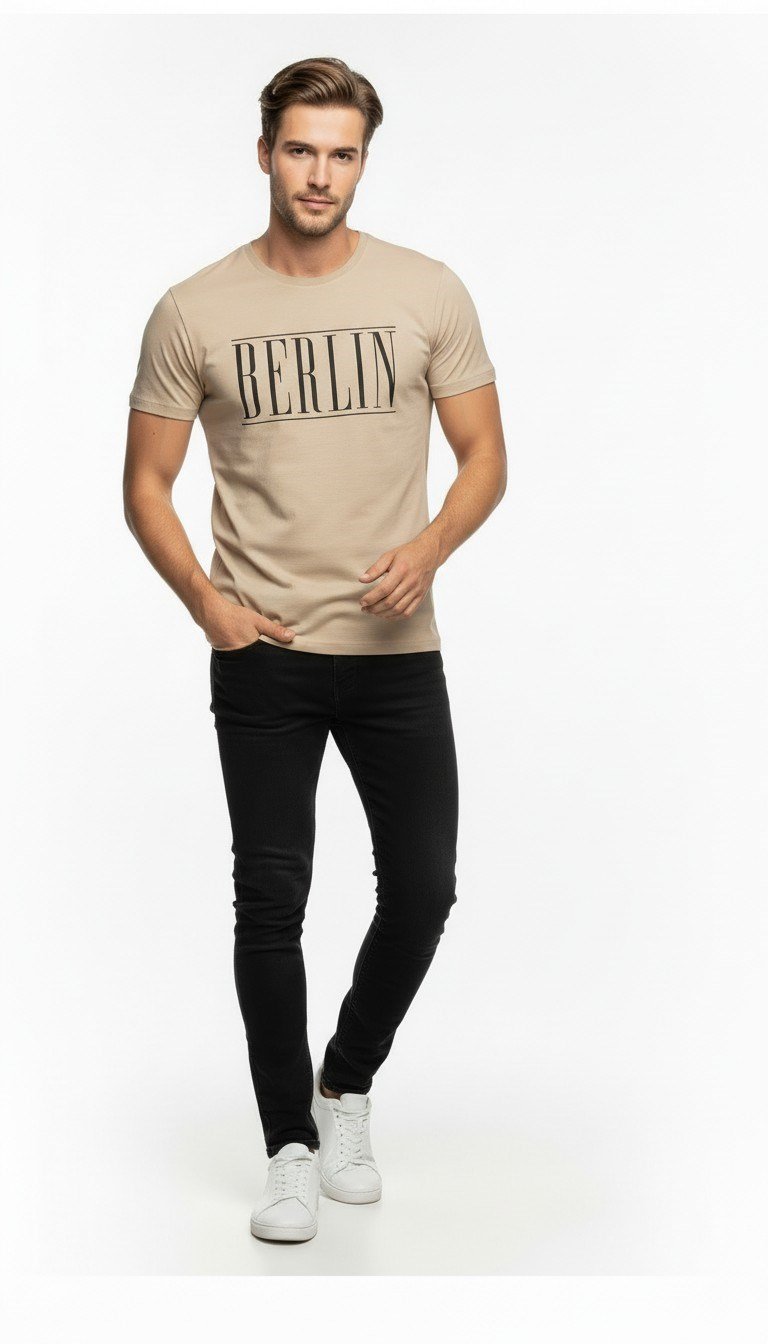 Erkek Berlin Tipografi Baskılı Minimal Günlük T-Shirt