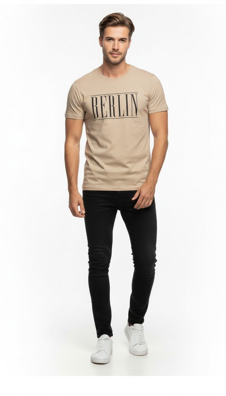 Erkek Berlin Tipografi Baskılı Minimal Günlük T-Shirt