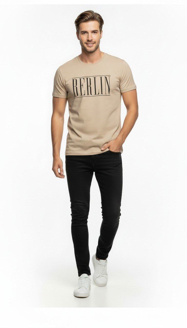 Erkek Berlin Tipografi Baskılı Minimal Günlük T-Shirt