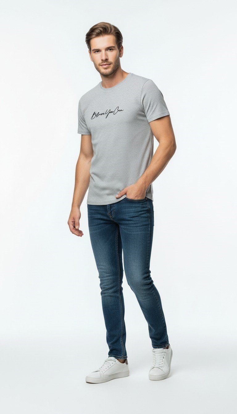 Erkek Minimal İmza Baskılı Slim Fit Günlük T-Shirt