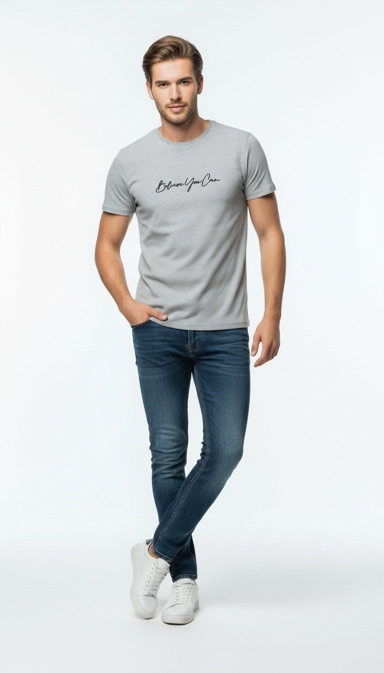 Erkek Minimal İmza Baskılı Slim Fit Günlük T-Shirt