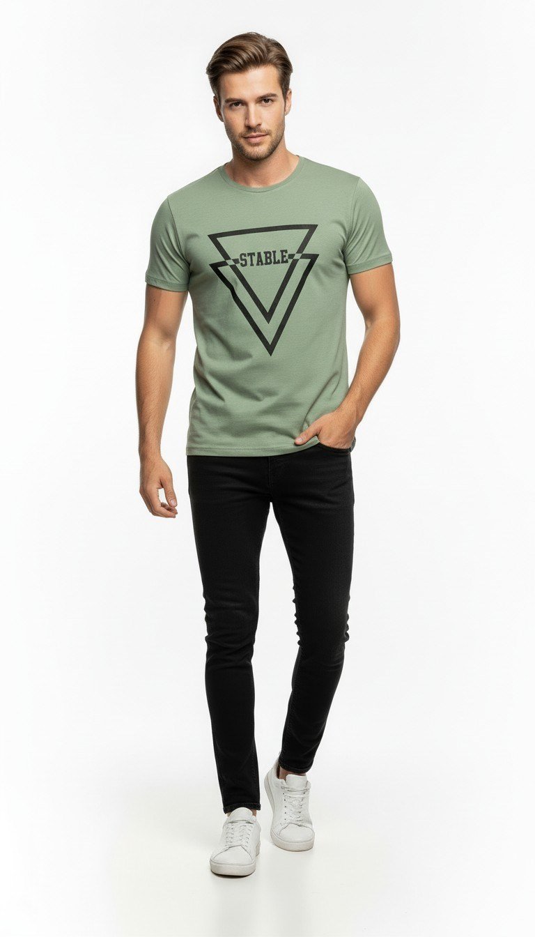 Erkek Urban Stable Kabartma Baskılı Slim Fit Günlük Tişört