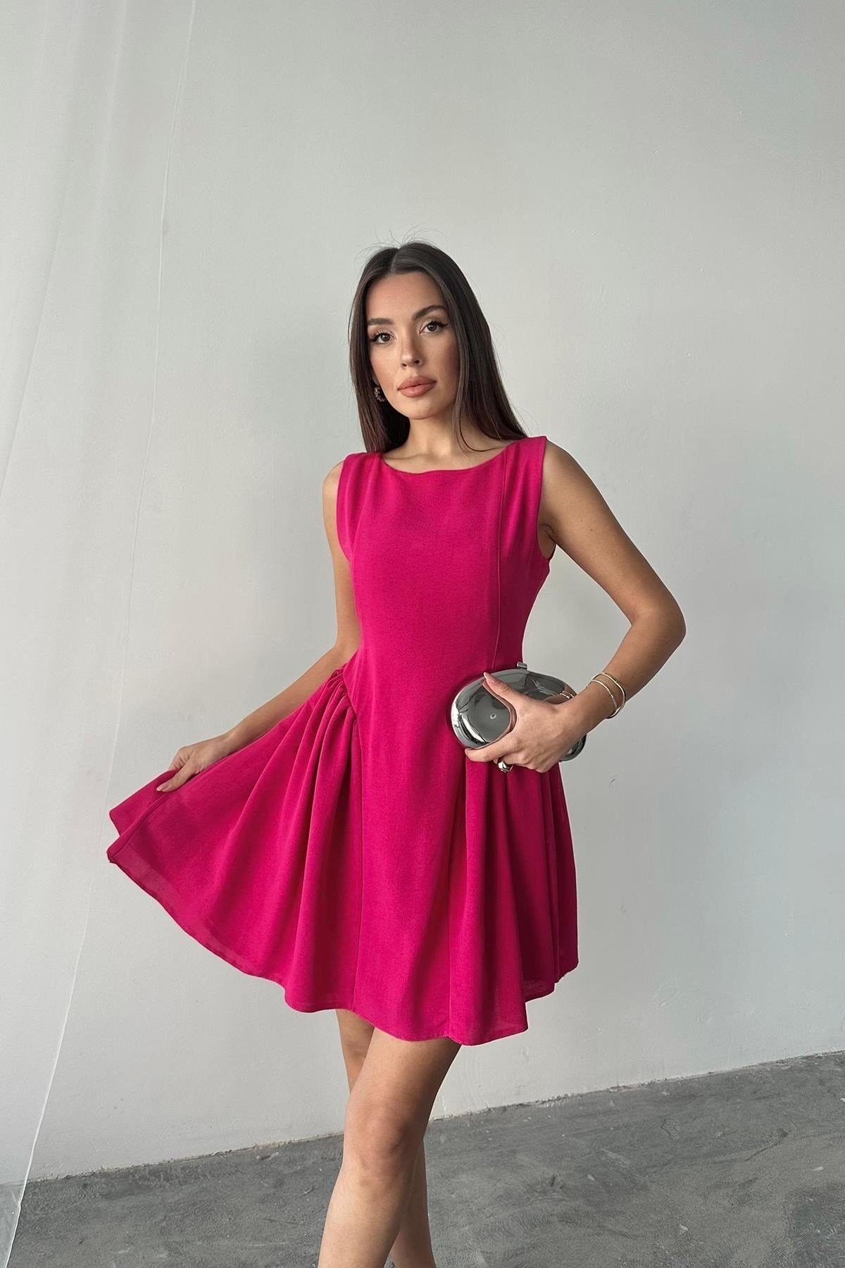 Fuşya Mini Boy Büzgülü Keten Elbise