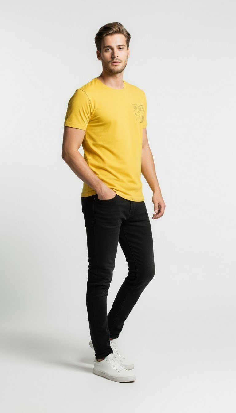 Geometrik Eskiz Detaylı Sarı Erkek T-Shirt