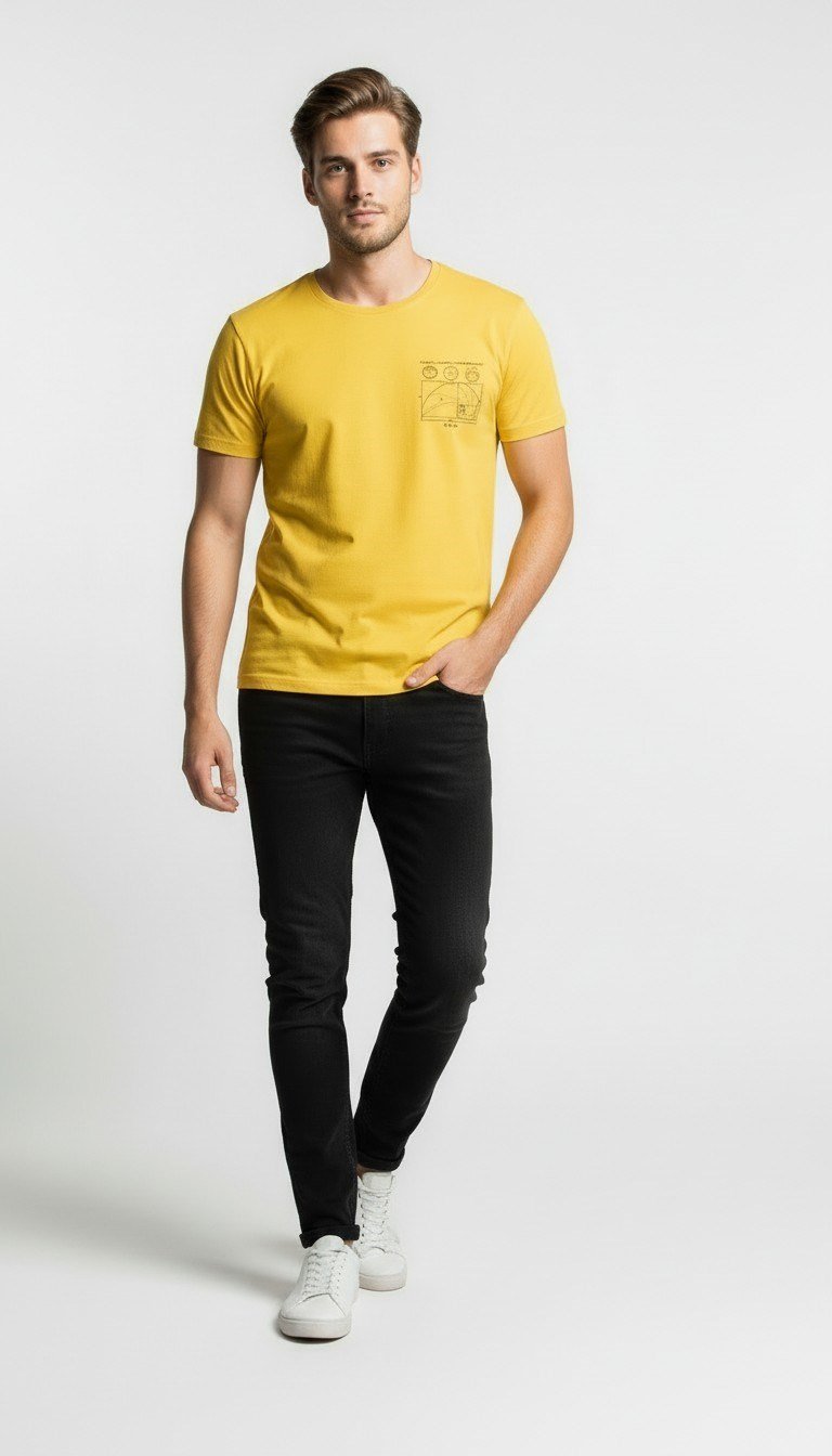 Geometrik Eskiz Detaylı Sarı Erkek T-Shirt
