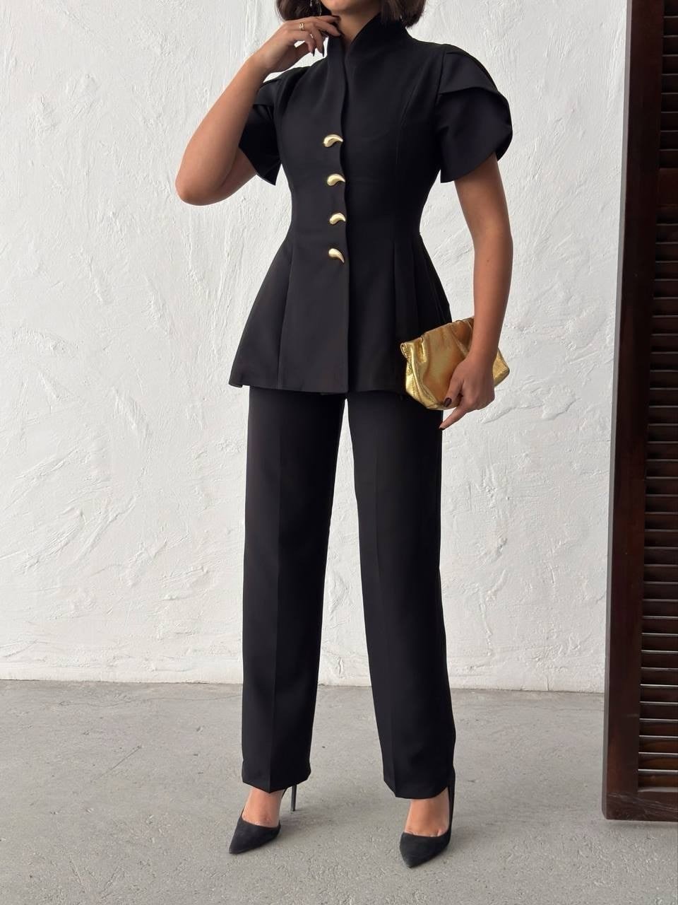 Gold Düğme Detaylı Peplum Kesim Şık Kadın Takım