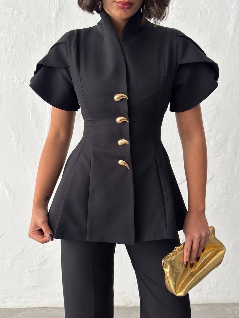 Gold Düğme Detaylı Peplum Kesim Şık Kadın Takım