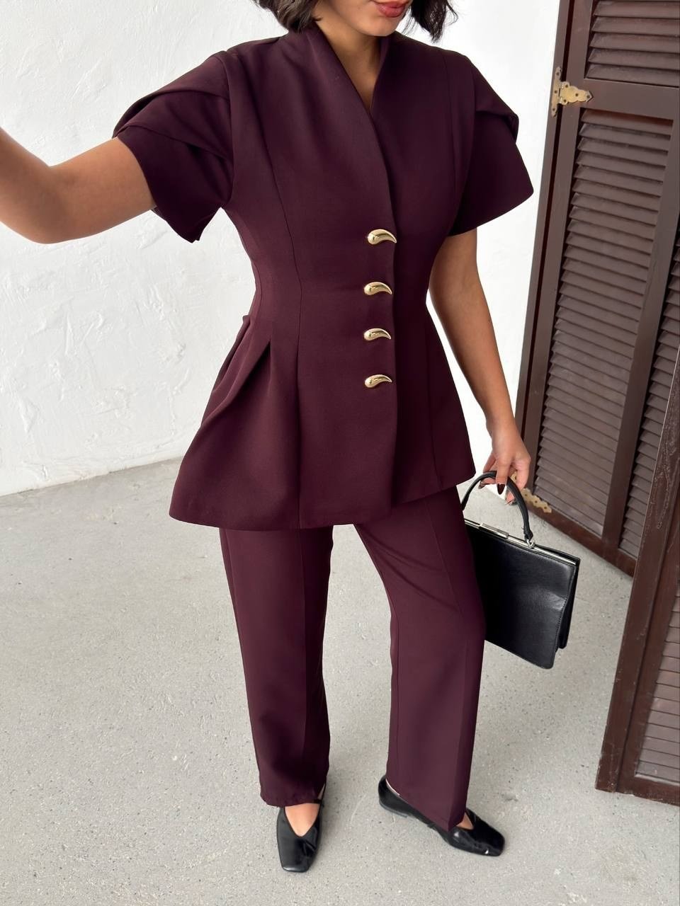 Gold Düğme Detaylı Peplum Kesim Şık Kadın Takım