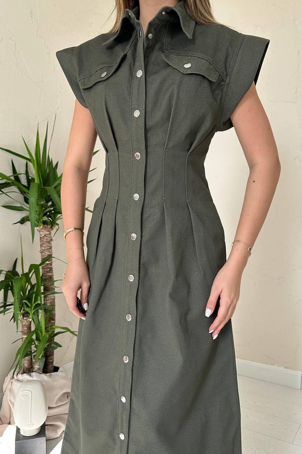 Haki Pile Detaylı Düğmeli Gabardin Elbise