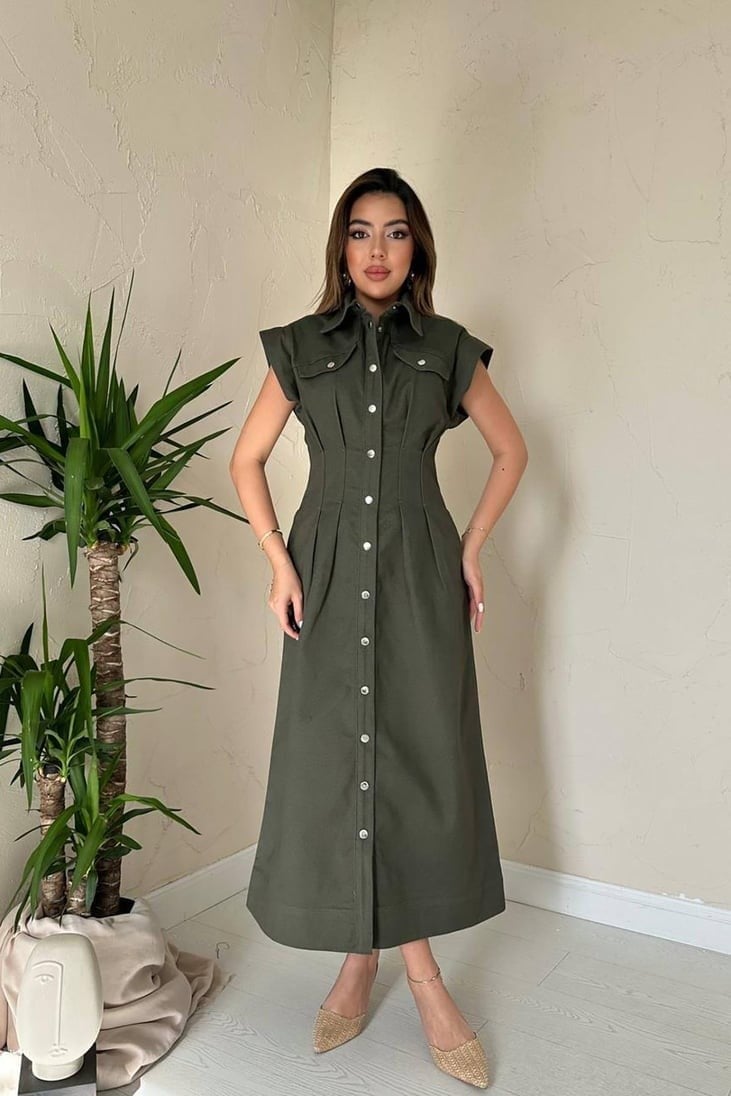 Haki Pile Detaylı Düğmeli Gabardin Elbise