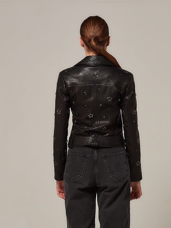 Hakiki Deri Yıldız Detaylı Kadın Biker Ceket – Siyah | Premium Moto Stil