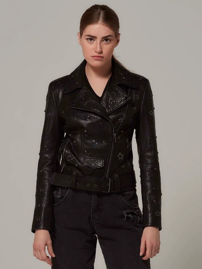 Hakiki Deri Yıldız Detaylı Kadın Biker Ceket – Siyah | Premium Moto Stil