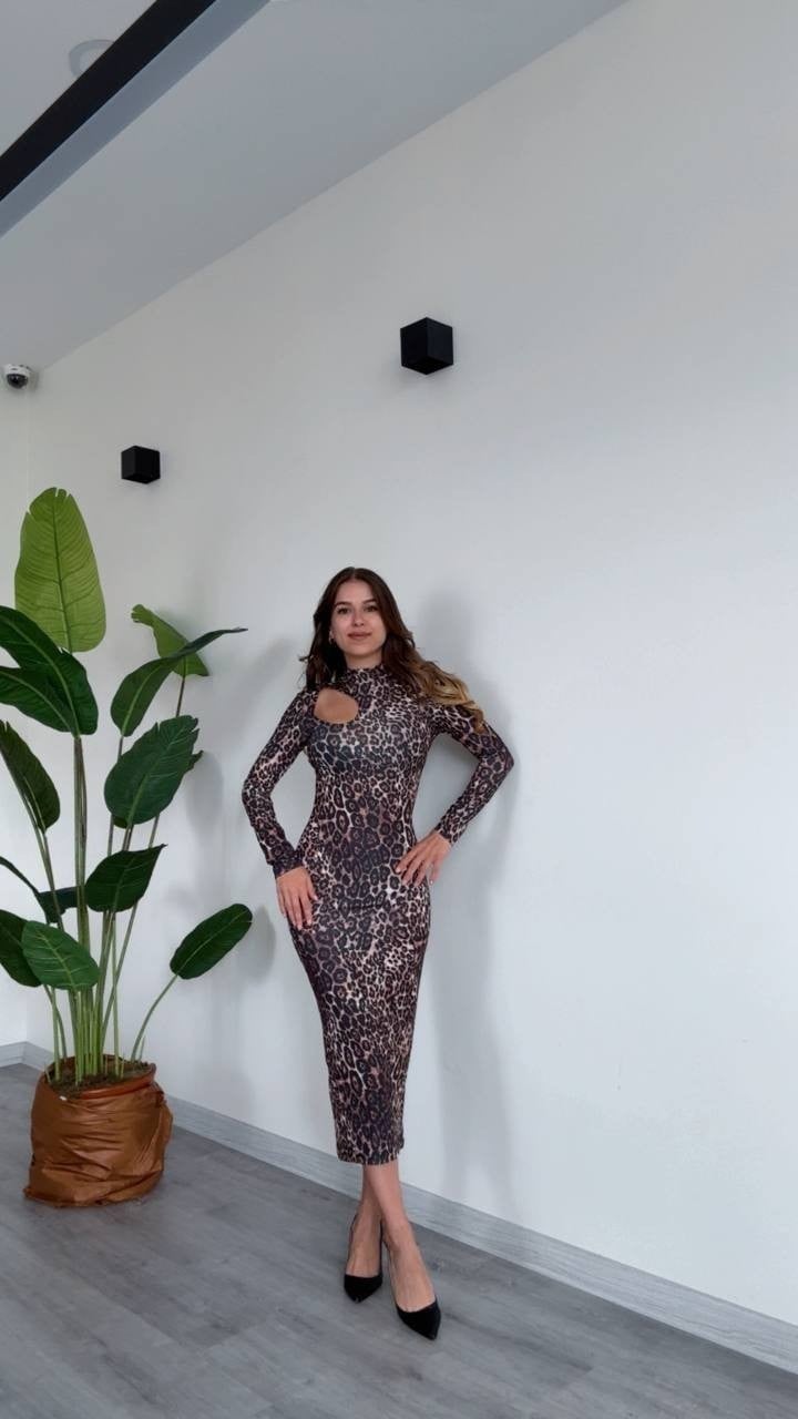 Kadın Leopar Desenli Uzun Kollu Cut-Out Elbise